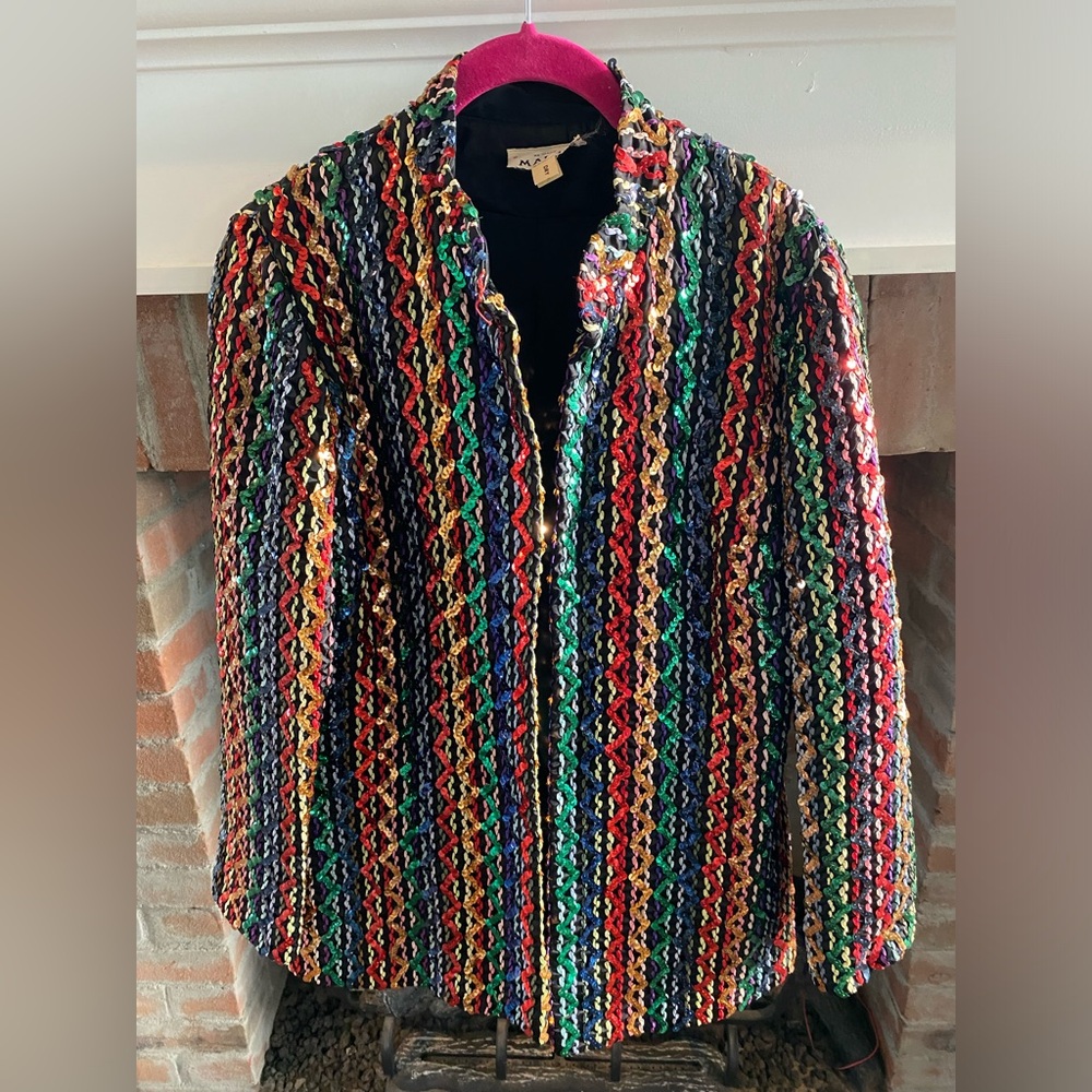 RARE Vintage 60/70s Malbe Rainbow Striped Sequin Evening Jacket, sz 10 Colorful